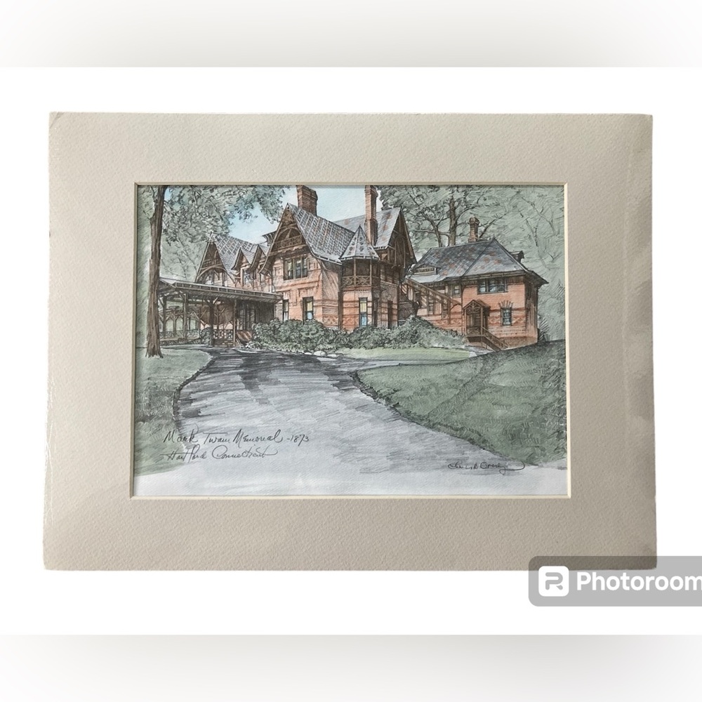Mark Twain Memorial Watercolor Pencil Print ~ Charles H Overly ~ Matted Print